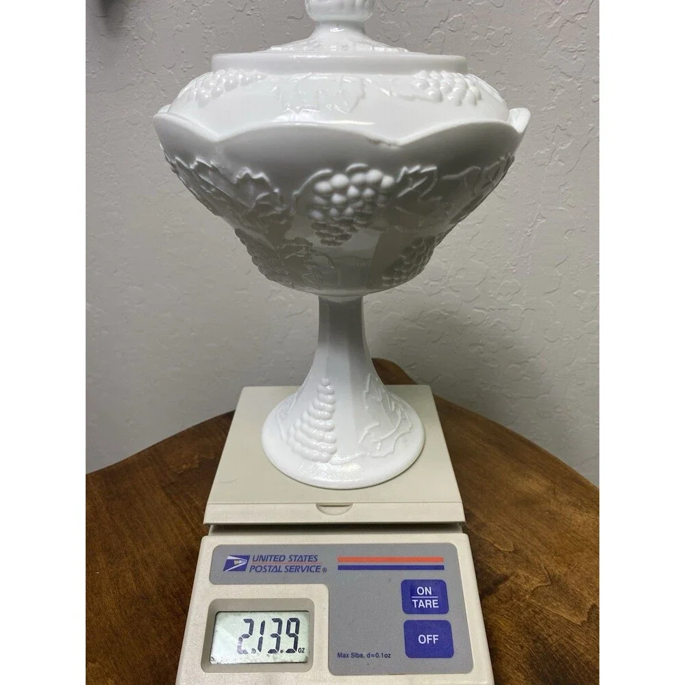 Vintage White Milk Glass Covered Compote Dish Grape Pattern Pedestal Bowl 10 in